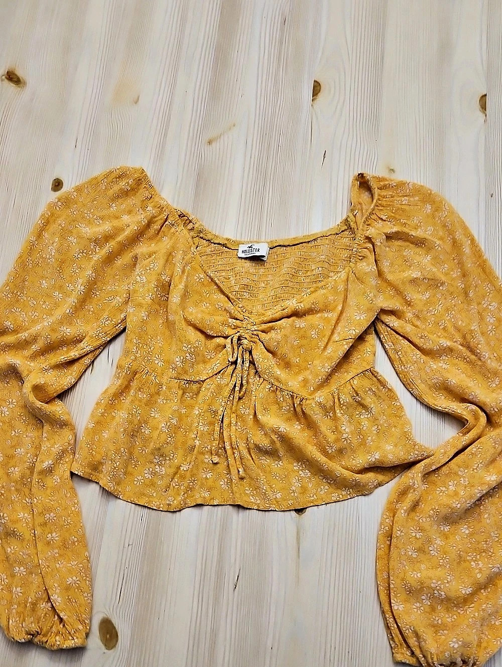 Hollister Yellow Floral Smocked Long Sleeve Crop Top, XS